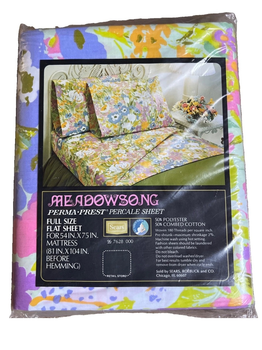 Vtg Meadowsong Perma Floral Sears Full Size Flat Sheet 1970’s New  Percale